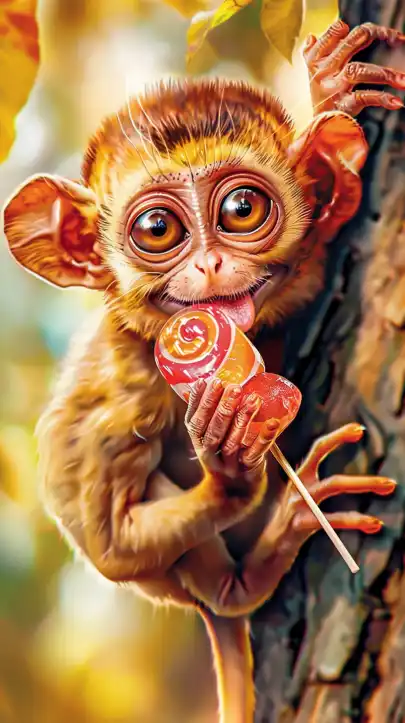 a small Tarsier monkey sitting in a tree eating an lollypop