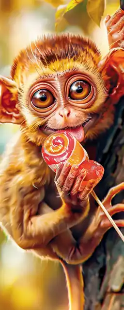 a small Tarsier monkey sitting in a tree eating an lollypop