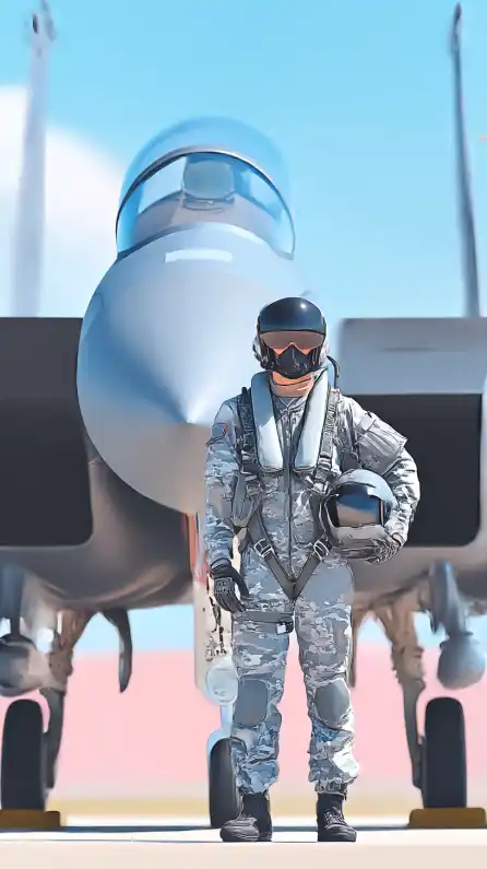 a fighter jet pilot with his helmet standing at his fighter jet