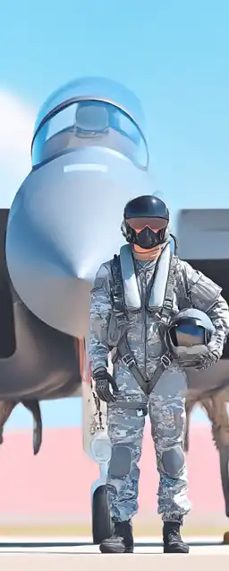 a fighter jet pilot with his helmet standing at his fighter jet