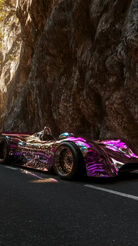 a racing car driving fast on a mountain road