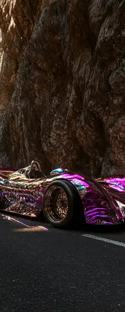 a racing car driving fast on a mountain road