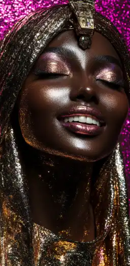 a classic egyption female pharao smiling into the camera