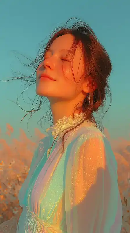 Portrait of a woman standing in a sunlit meadow, wearing a flowy linen dress, eyes closed, wind gently moving her hair, warm golden hour tones and soft background blur