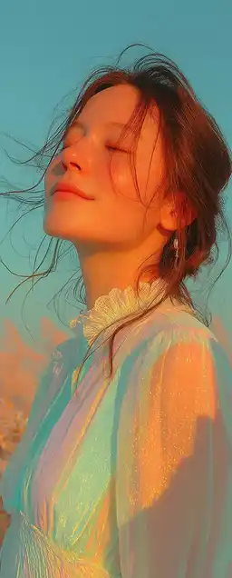 Portrait of a woman standing in a sunlit meadow, wearing a flowy linen dress, eyes closed, wind gently moving her hair, warm golden hour tones and soft background blur