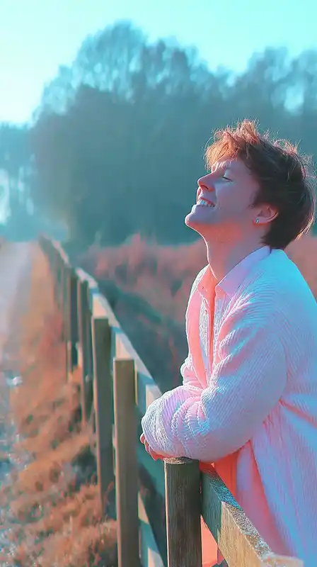 A young man leaning against a wooden fence in a countryside field, sleeves rolled up, natural light on his face, captured mid-laugh with trees blurred in the background