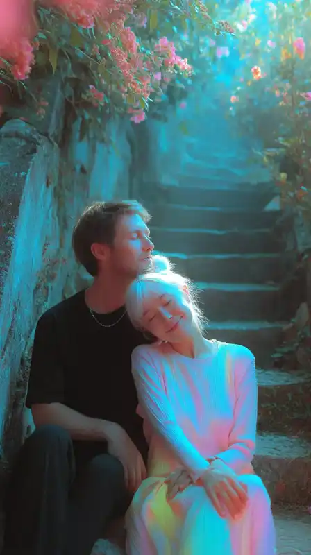 A candid portrait of a couple sitting on stone steps outdoors, her head resting on his shoulder, soft ambient light and overgrown plants surrounding them
