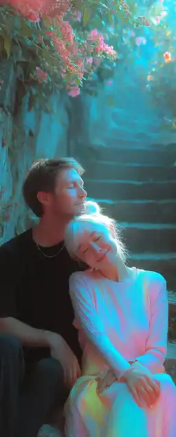 A candid portrait of a couple sitting on stone steps outdoors, her head resting on his shoulder, soft ambient light and overgrown plants surrounding them