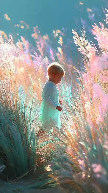 A barefoot child running through tall grass, backlit by soft morning light, expression full of joy, movement frozen in a natural, unposed way