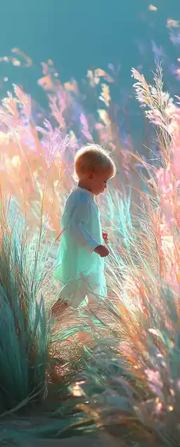 A barefoot child running through tall grass, backlit by soft morning light, expression full of joy, movement frozen in a natural, unposed way