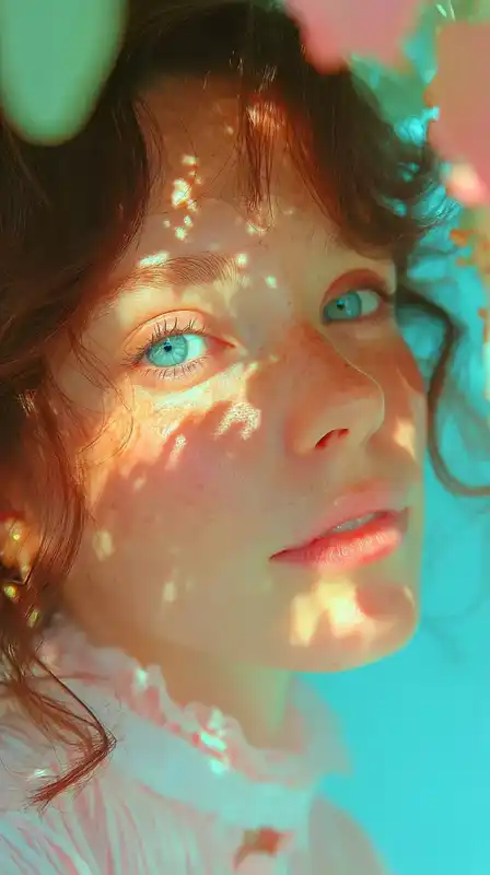 Close-up of a woman with freckles and curly hair lit by dappled sunlight under a tree, looking straight into the lens, with a calm, grounded expression