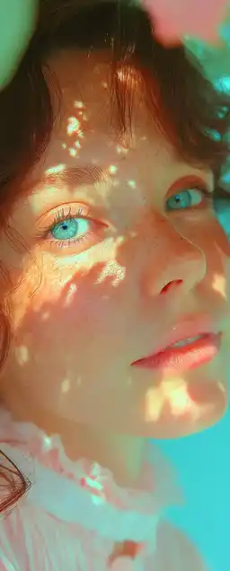 Close-up of a woman with freckles and curly hair lit by dappled sunlight under a tree, looking straight into the lens, with a calm, grounded expression