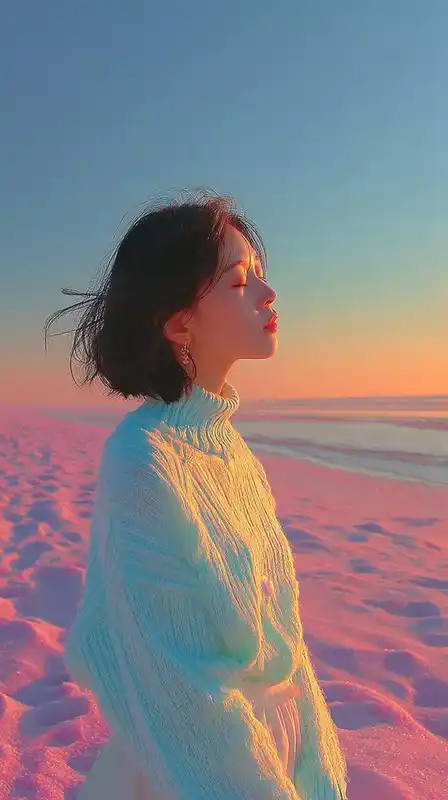 A serene portrait of a woman on a beach at sunset, wind blowing through her sweater, soft footprints in the sand behind her, pale tones in sky and sea