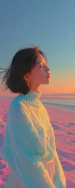 A serene portrait of a woman on a beach at sunset, wind blowing through her sweater, soft footprints in the sand behind her, pale tones in sky and sea