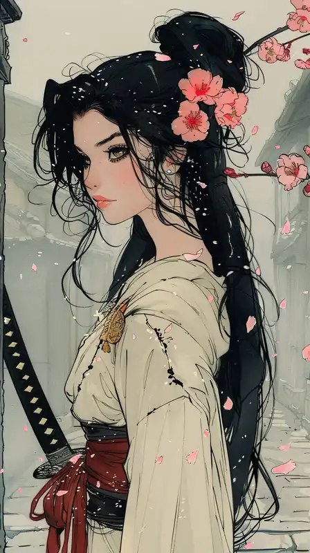 cyberpunk samurai girl with glowing katana, cherry blossoms falling in a neon-lit alley, long black hair with red streaks, fierce expression, manga panel-style shading,