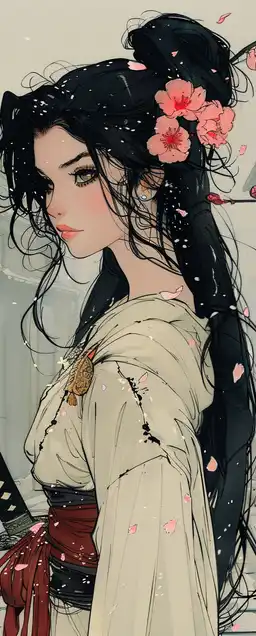 cyberpunk samurai girl with glowing katana, cherry blossoms falling in a neon-lit alley, long black hair with red streaks, fierce expression, manga panel-style shading,