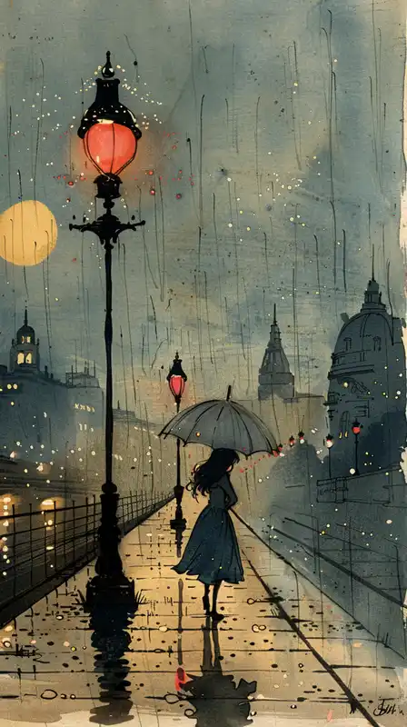 lonely girl on a rainy train platform, holding a transparent umbrella, soft reflections on wet ground, distant city lights, melancholic anime mood, light blues and greys, vintage 90s feel