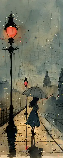 lonely girl on a rainy train platform, holding a transparent umbrella, soft reflections on wet ground, distant city lights, melancholic anime mood, light blues and greys, vintage 90s feel