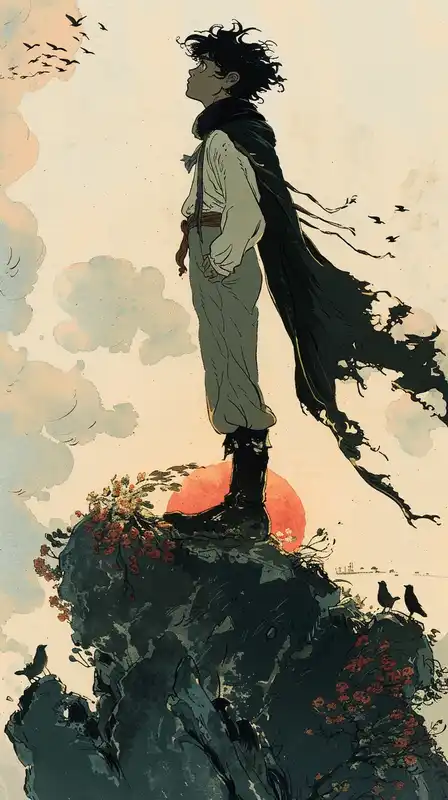 young hero standing atop a ruined temple, dramatic sunrise behind, tattered cape blowing in the wind, intense stare, birds flying, strong Studio Ghibli adventure tone
