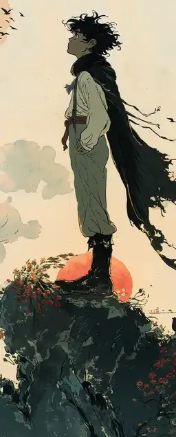 young hero standing atop a ruined temple, dramatic sunrise behind, tattered cape blowing in the wind, intense stare, birds flying, strong Studio Ghibli adventure tone