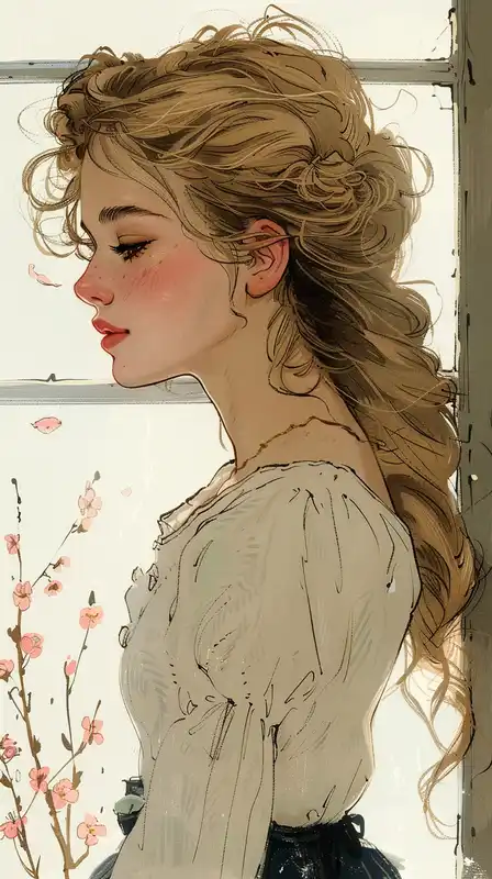 shy high school girl sitting by a classroom window, golden hour sunlight casting soft shadows, sakura petals drifting in, gentle blush on her cheeks, delicate line art and warm pastels