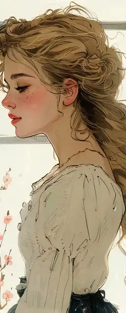 shy high school girl sitting by a classroom window, golden hour sunlight casting soft shadows, sakura petals drifting in, gentle blush on her cheeks, delicate line art and warm pastels