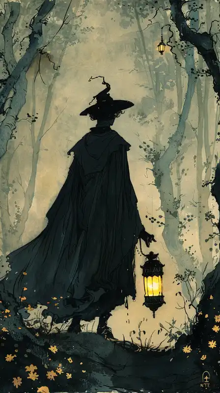 mysterious masked traveler walking through a fantasy forest, glowing lantern in hand, ancient spirits peeking from behind trees, misty background, detailed foliage, Ghibli-style mysticism