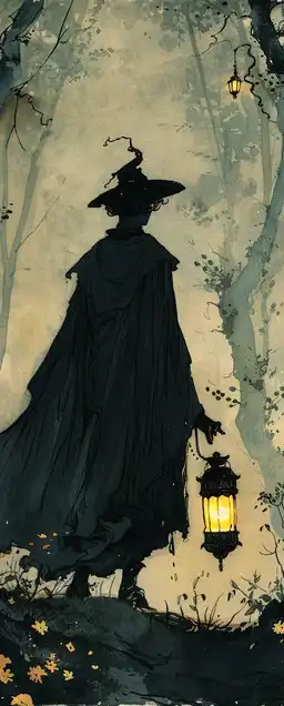 mysterious masked traveler walking through a fantasy forest, glowing lantern in hand, ancient spirits peeking from behind trees, misty background, detailed foliage, Ghibli-style mysticism