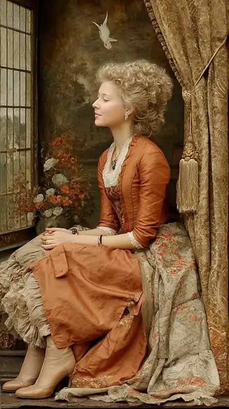 Portrait of a noblewoman in a soft amber-toned gown, seated beside a window with golden drapery, delicate brushwork capturing her thoughtful gaze and the gentle folds of fabric