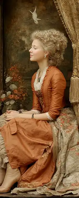 Portrait of a noblewoman in a soft amber-toned gown, seated beside a window with golden drapery, delicate brushwork capturing her thoughtful gaze and the gentle folds of fabric