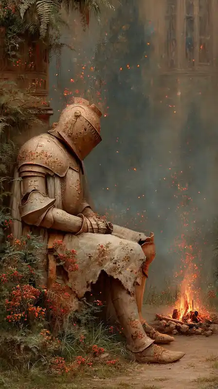 A weathered knight resting beside a campfire, glowing embers lighting his armor, background fading into a dusky forest, every detail painted with rich oil texture and shadow play