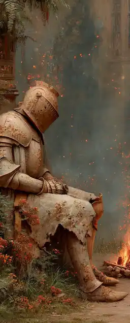 A weathered knight resting beside a campfire, glowing embers lighting his armor, background fading into a dusky forest, every detail painted with rich oil texture and shadow play