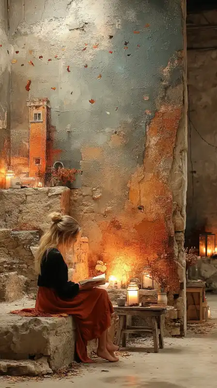 A girl reading by candlelight in a rustic stone room, her hair illuminated with soft golden glow, shadows painted with delicate gradient transitions and classical mood