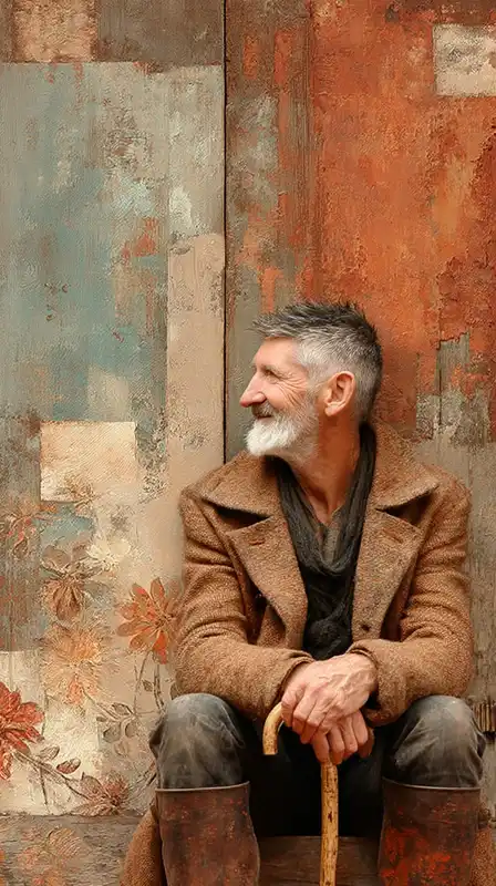 Elderly man in a wool coat seated in front of an old wooden wall, hands resting on a cane, face weathered and expressive, oil texture emphasizing age and wisdom