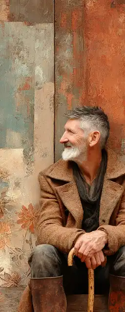 Elderly man in a wool coat seated in front of an old wooden wall, hands resting on a cane, face weathered and expressive, oil texture emphasizing age and wisdom