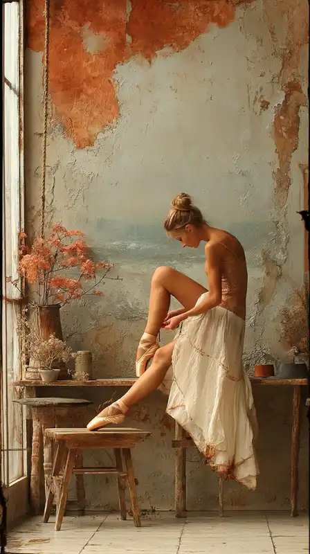 An ethereal scene of a ballerina tying her shoes in a quiet rehearsal room, soft morning light pouring in, beige floors and warm amber hues giving it a timeless painterly feel