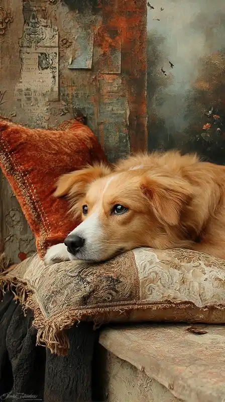 A regal dog with expressive eyes lying on a velvet pillow, warm shadows and rich texture capturing fur and fabric detail in the style of an aristocratic portrait