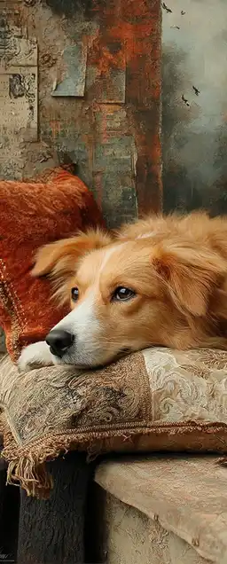 A regal dog with expressive eyes lying on a velvet pillow, warm shadows and rich texture capturing fur and fabric detail in the style of an aristocratic portrait