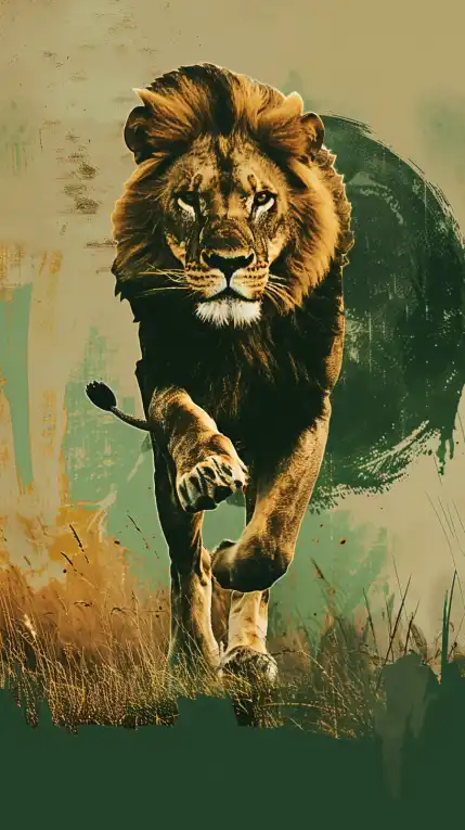 a lion jumping trough the gras at high speed