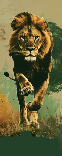 a lion jumping trough the gras at high speed