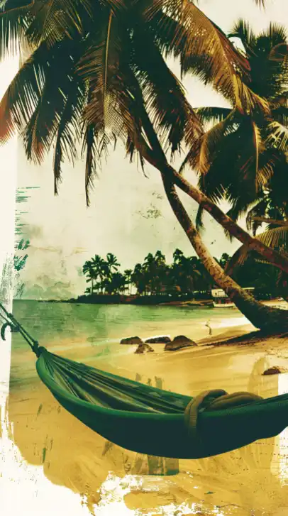 a hammok on palm trees on a caribian beach