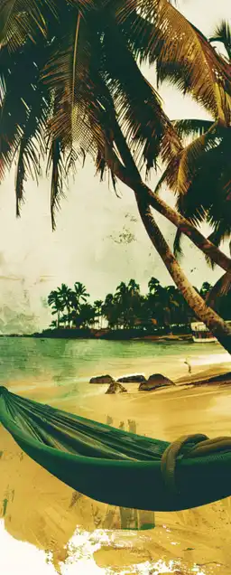 a hammok on palm trees on a caribian beach