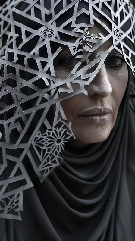 Close-up portrait of a middle aged moroccan berber woman, she is looking at camera wearing traditional moroccan clothing, abstract islamic patterned shadows cast on her face, sharp macro focus on her eyes
