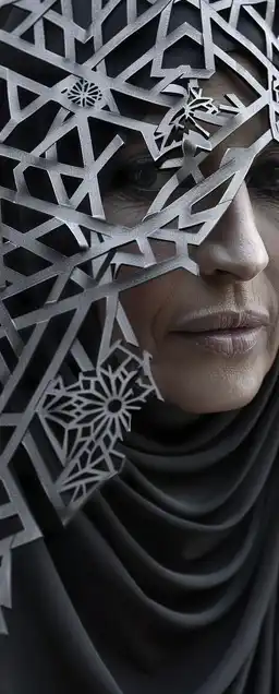 Close-up portrait of a middle aged moroccan berber woman, she is looking at camera wearing traditional moroccan clothing, abstract islamic patterned shadows cast on her face, sharp macro focus on her eyes
