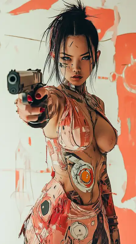 close up shot of a cypherpunk girl in a sexy dress holding a gun towards the camera