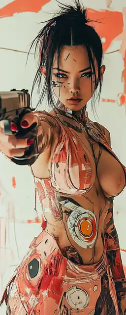 close up shot of a cypherpunk girl in a sexy dress holding a gun towards the camera
