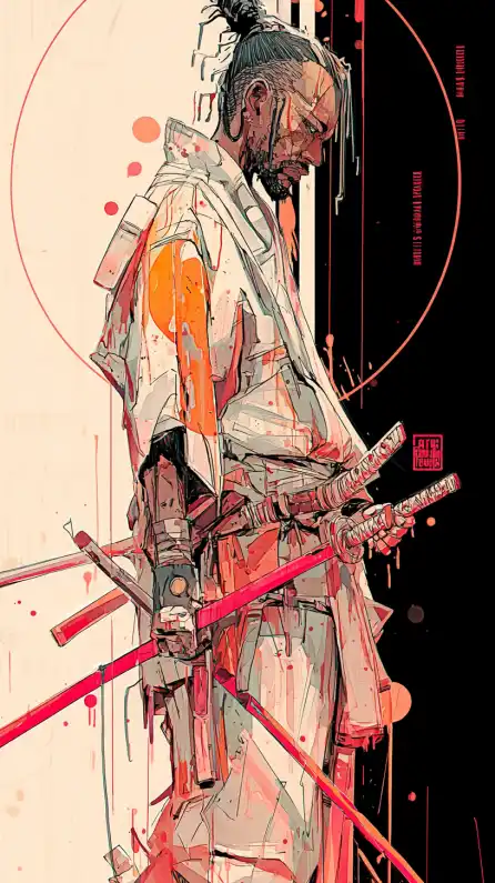 a samurai with blood splatter on his katana sword