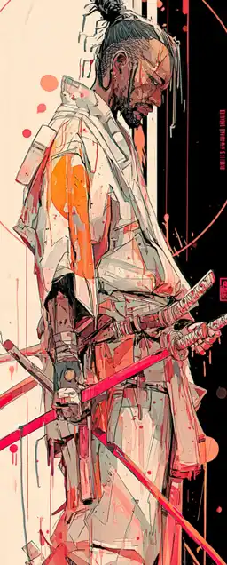 a samurai with blood splatter on his katana sword