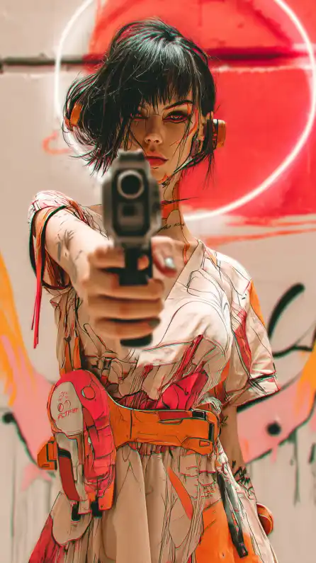 close up shot of a cypherpunk girl in a sexy dress holding a gun towards the camera