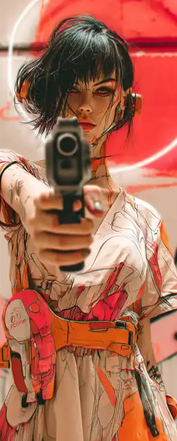 close up shot of a cypherpunk girl in a sexy dress holding a gun towards the camera